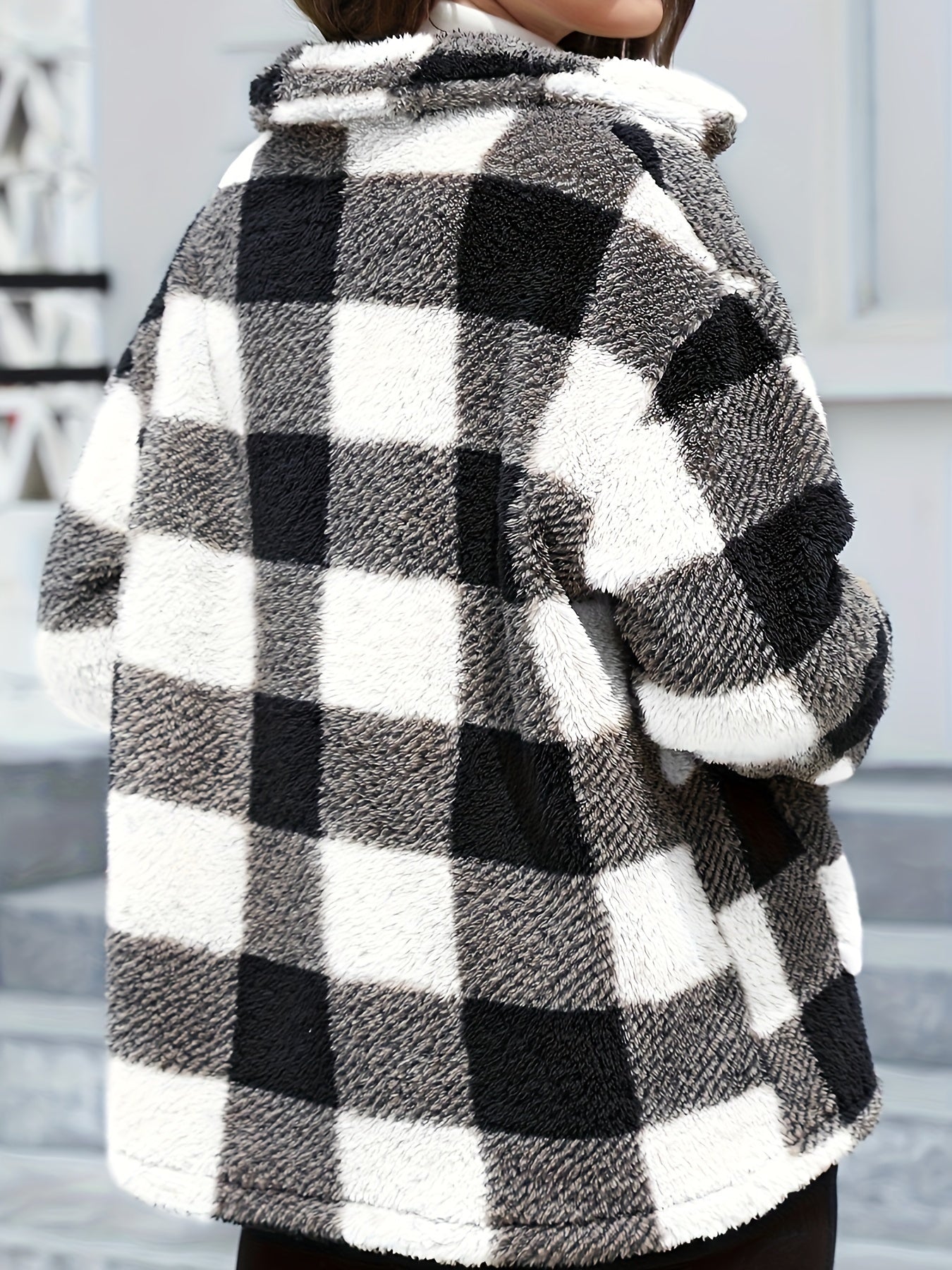 Long Sleeve Plaid Print Teddy Coat with Patched Pockets - Soft, Warm,