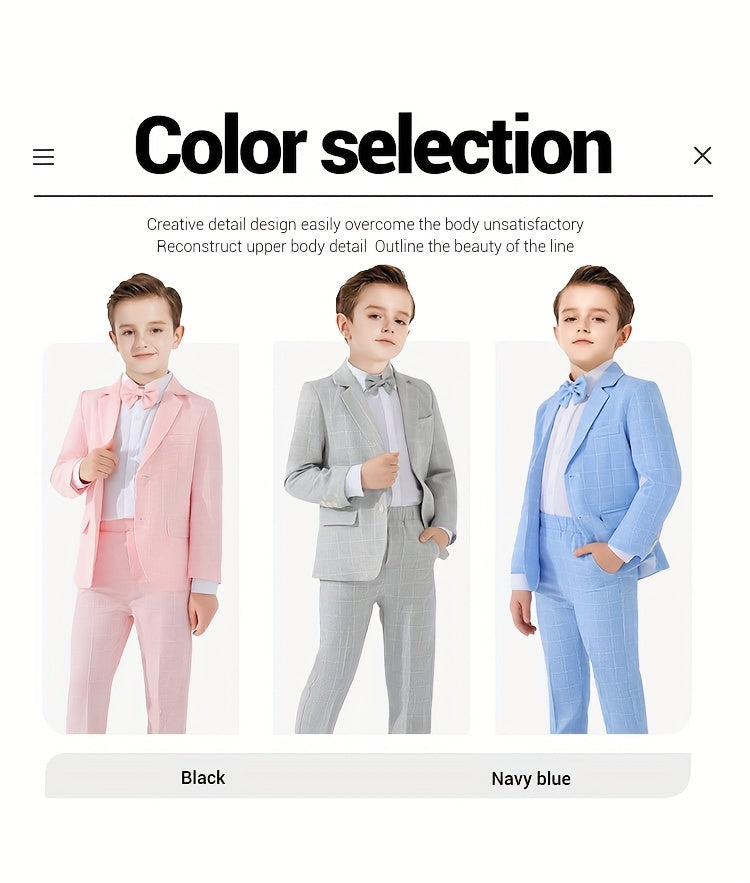 3pcs Boys Formal Plaid Gentleman Outfits, Long Sleeve Blazer.