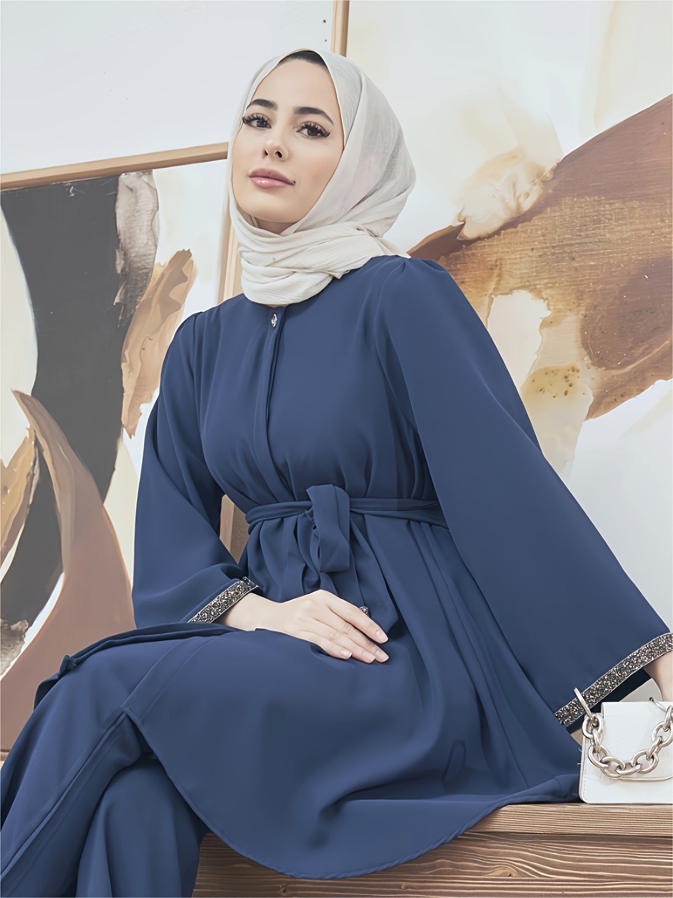 Contrast Trim Belted Button Front Kaftan Shirt, /MH