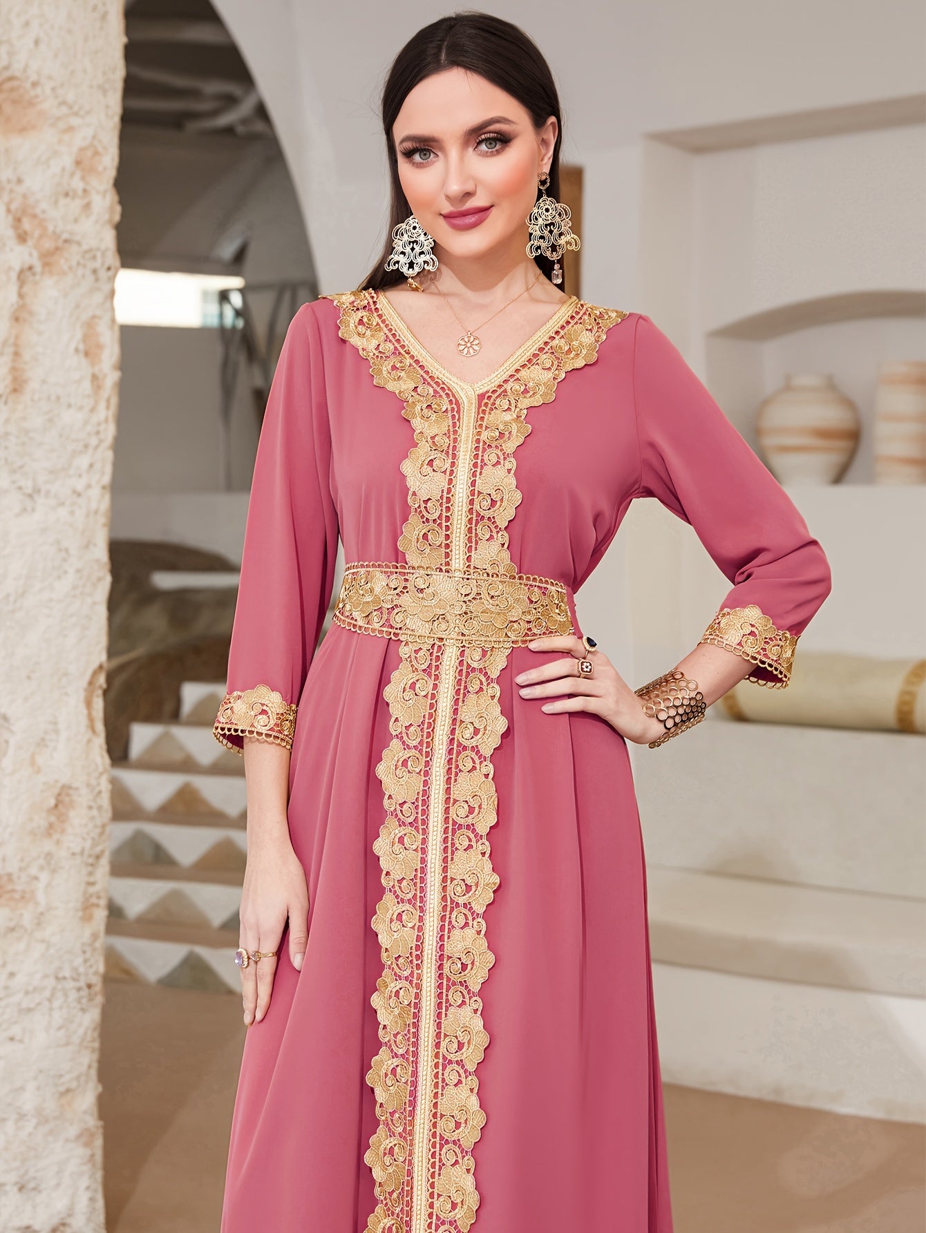 Ramadan Lace Trim V Neck Kaftan, Elegant Long Sleeve 'MH
