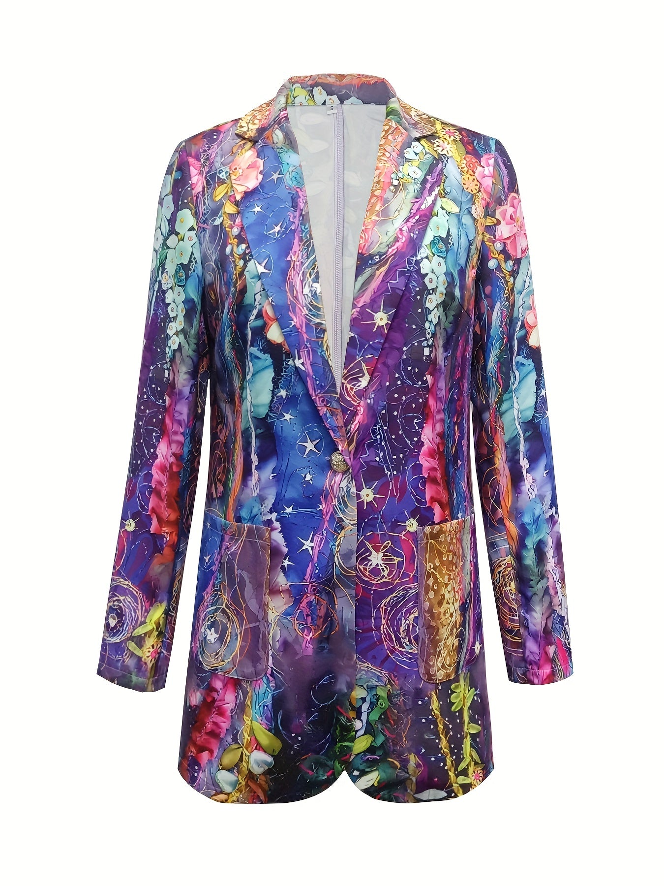 Letter Print Lapel Blazer, Casual One Button Long Sleeve Outerwear,