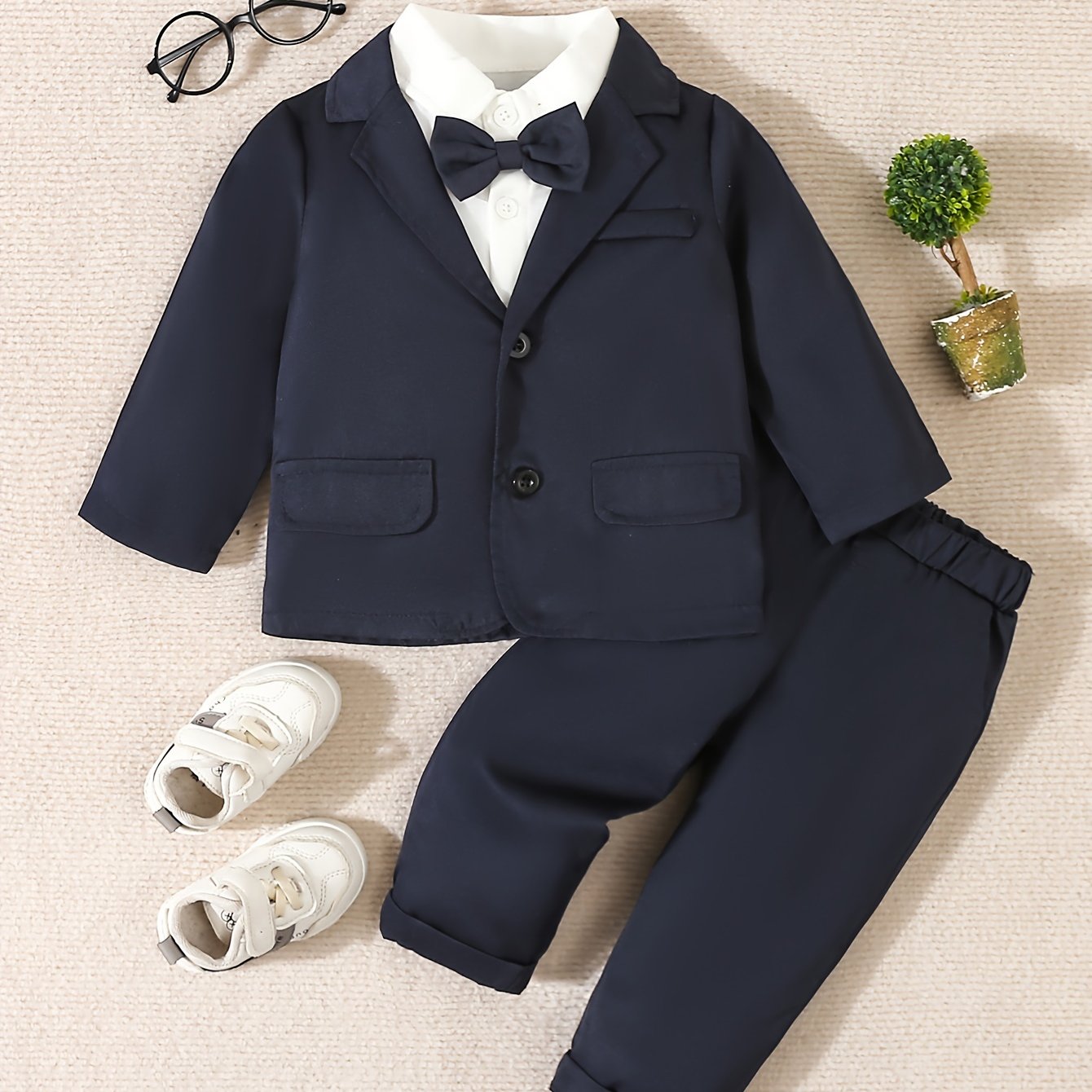 2Pcs Baby Boys Stylish Gentleman Suit, Long Sleeve Blazer.
