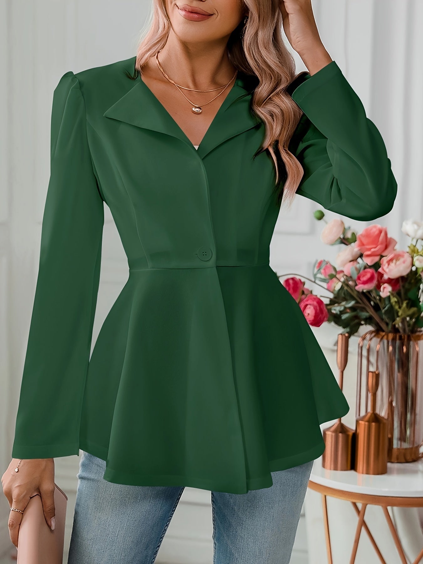 Notched Collar Flare Blazer, Elegant Long Sleeve Button Front Coat,
