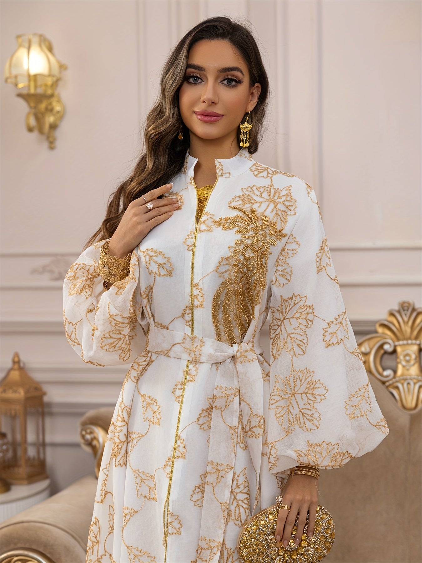 Dubai Floral Embroidery Belted Dress Belt included Lantern Sleeve/MH