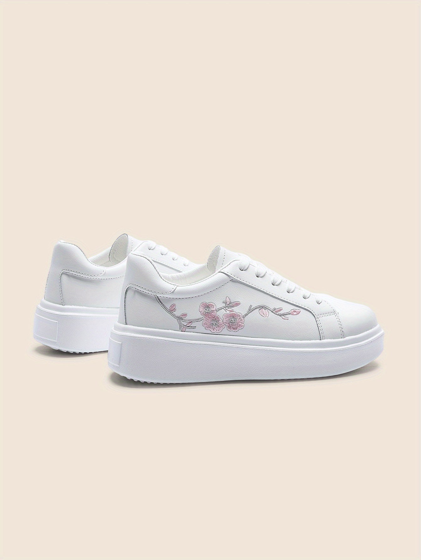 Women's White Low-Top Lace-Up Sneakers with Floral Embroidery,