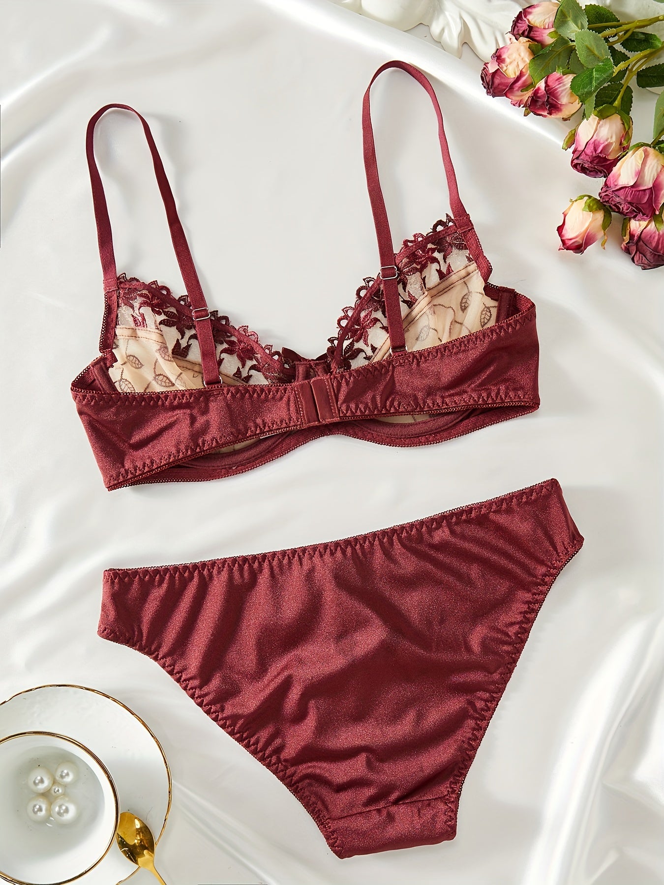 Contrast Lace Bow Bra & Panty, Bra & Panties Lingerie Set,/MH