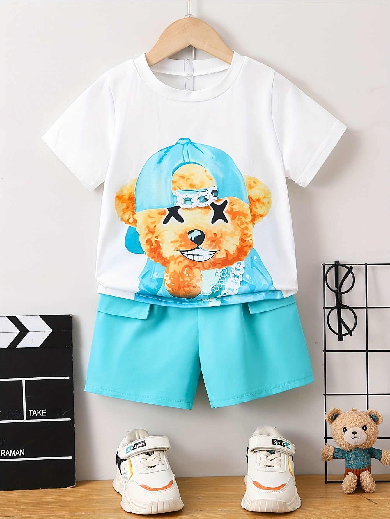 2pcs Boys Casual Cute Teddy Bear Graphic Print Short Sleeve T-shirt.