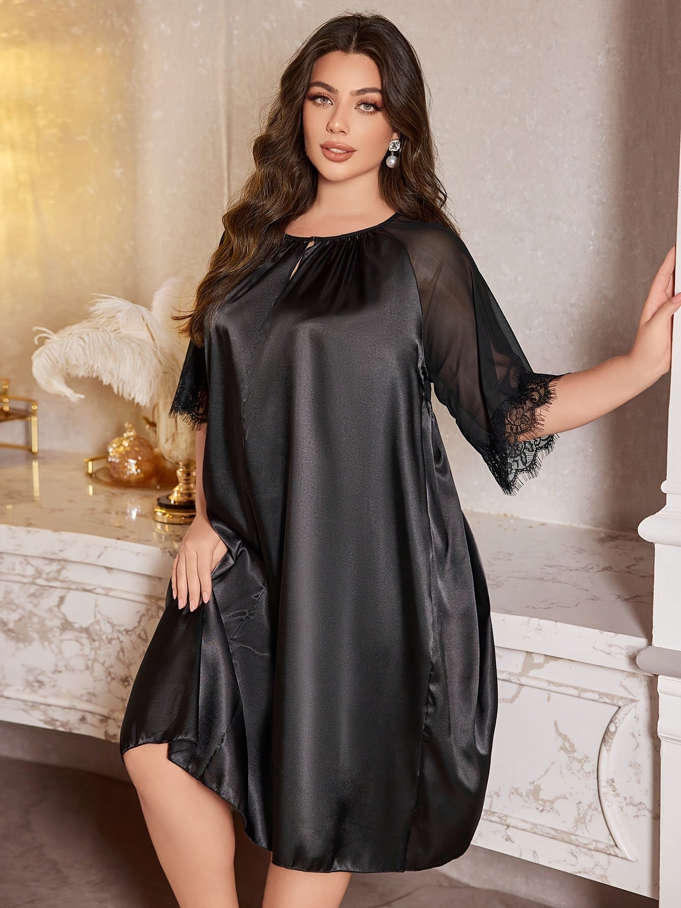 [Elegant Sleep Dress] Elegant Plus Size Women's Black Lace Sleep Dress./MH
