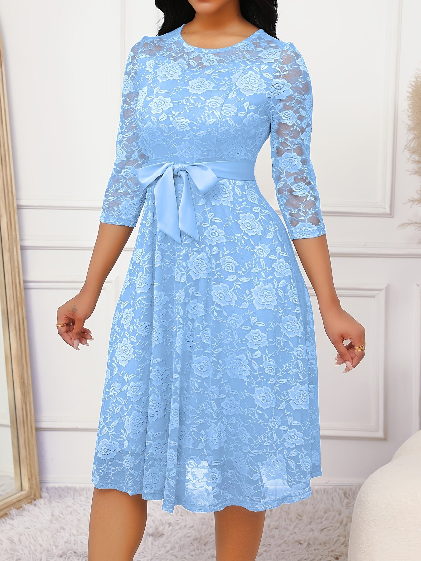 Floral Lace Ruffle Hem Belted Dress, Elegant Crew Neck 3/4 Sleeve Aline Dress ./MH