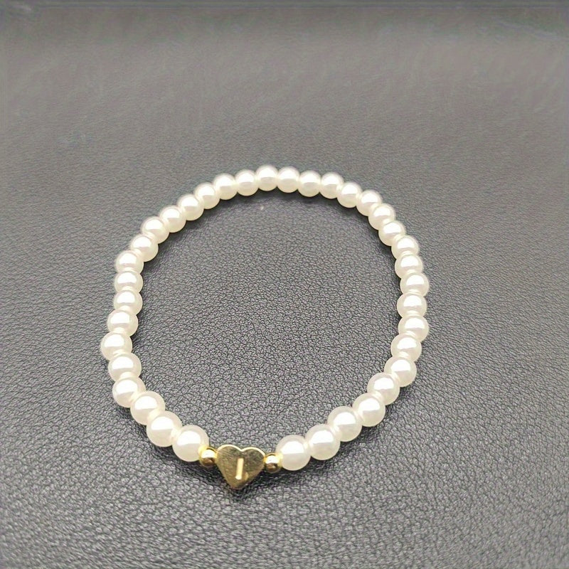 1pc Classic Initial A-Z Lettering Heart Faux Pearl Beaded Bracelet, Elegant Party Jewelry Birthday Gift For Teen Girls