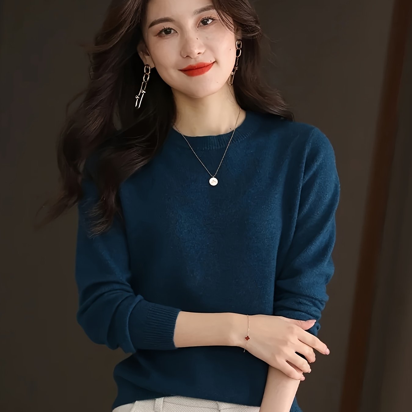 1pc Women'S 100% Wool Crew Neck Long Sleeve Knit Sweater,