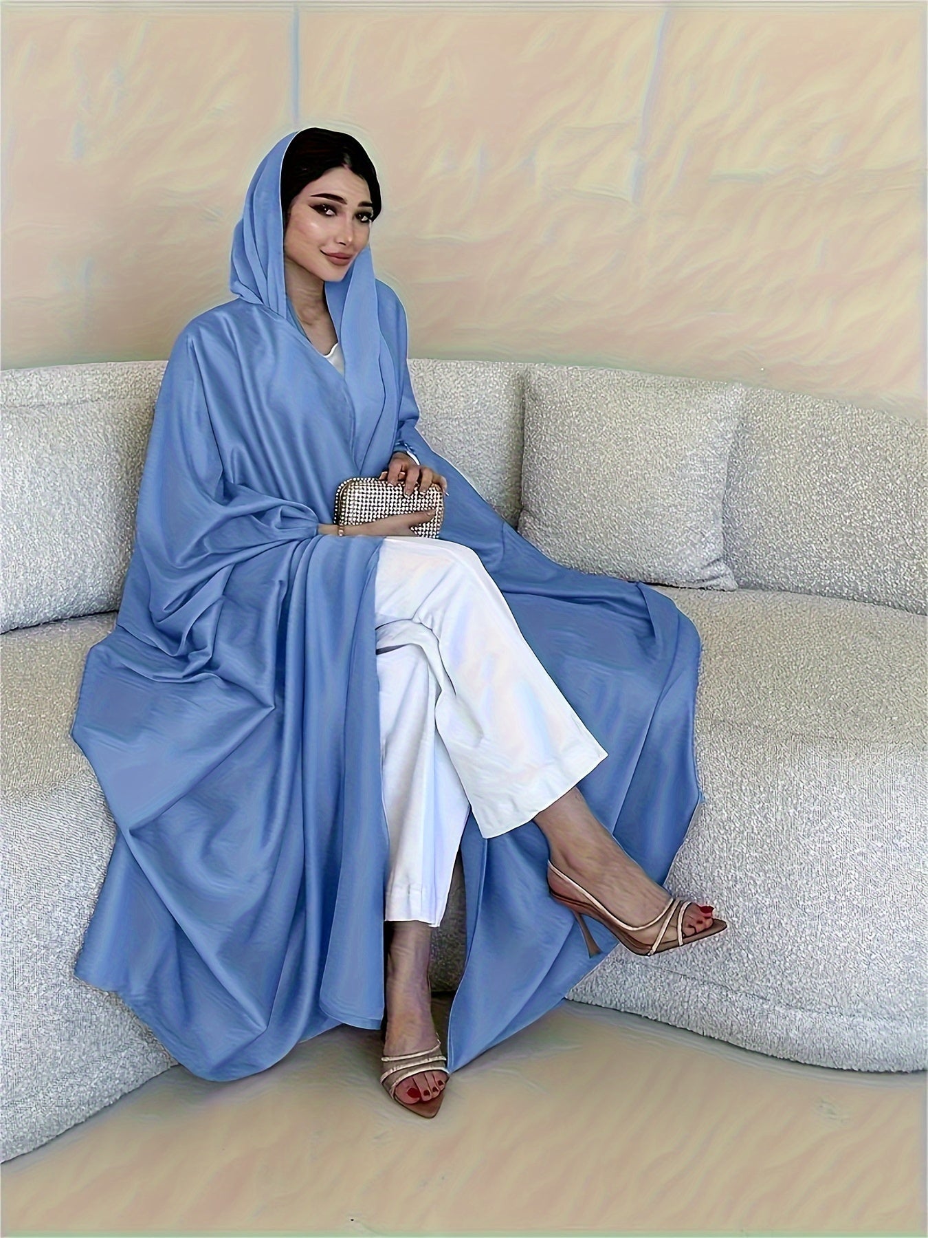 Open Front Hoodie Kaftan Dress, Elegant Long Batwing Sleeve Non-Stretch '/MH