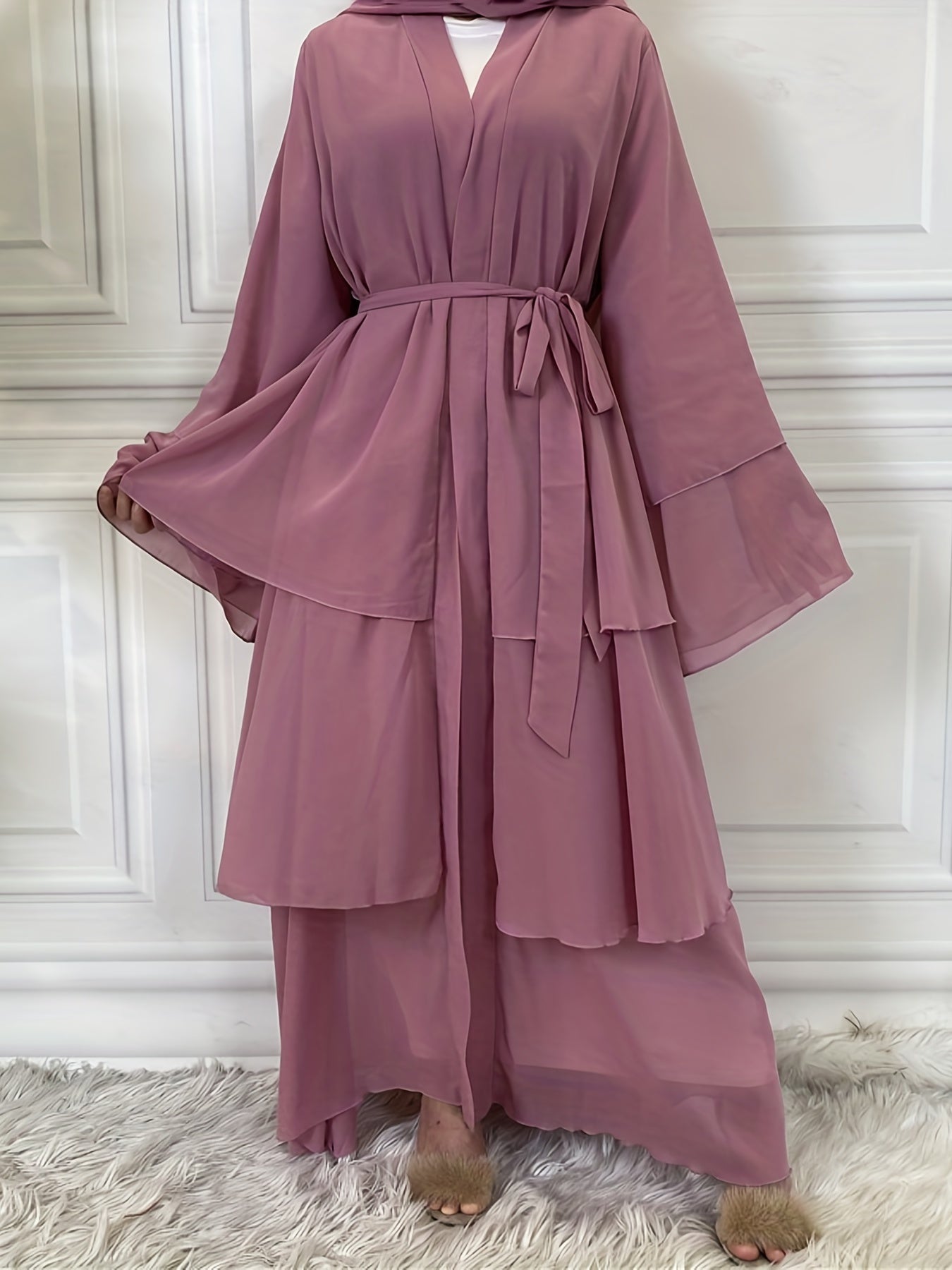 Layered Open Front Modest Dress, Long Sleeve Muslim Dress'/MH