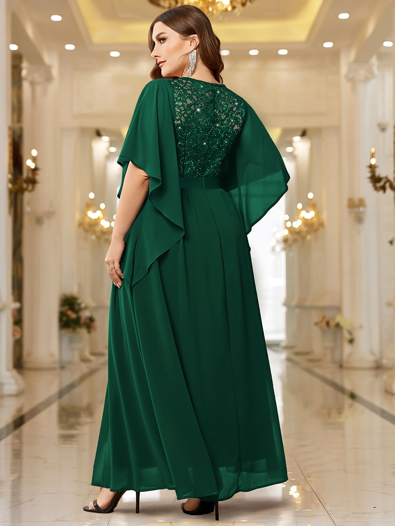Elegant Plus Size Women's Butterfly Sleeve Sequin Lace Evening Dress .MH