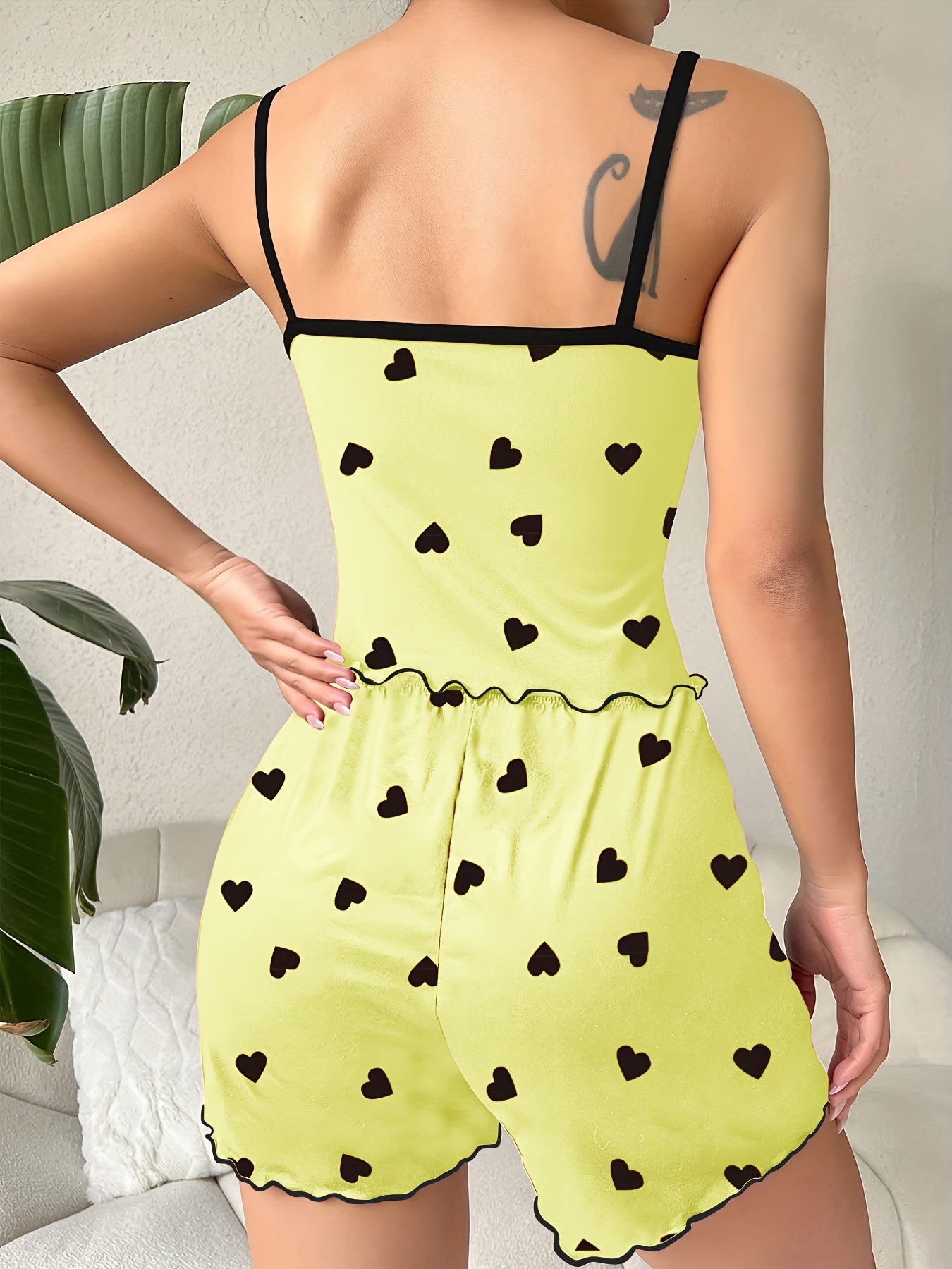 Heart Print Pajama Set, Scoop Neck Cami Top,
