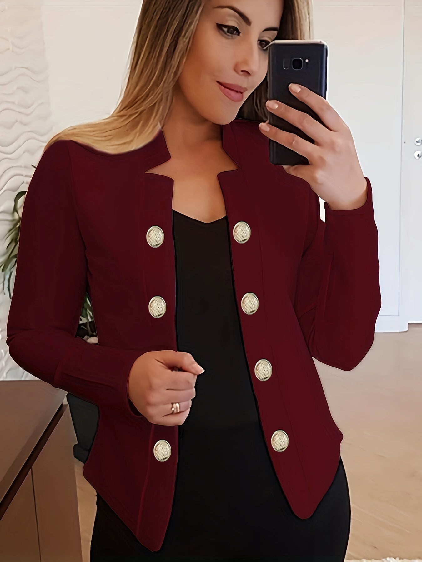 Button Decor Open Front Blazer, Casual Long Sleeve.