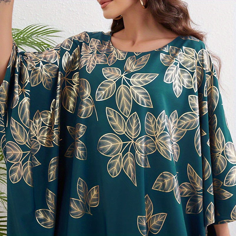Leaf Print Crew Neck Kaftan, Elegant Batwing Sleeve'/MH