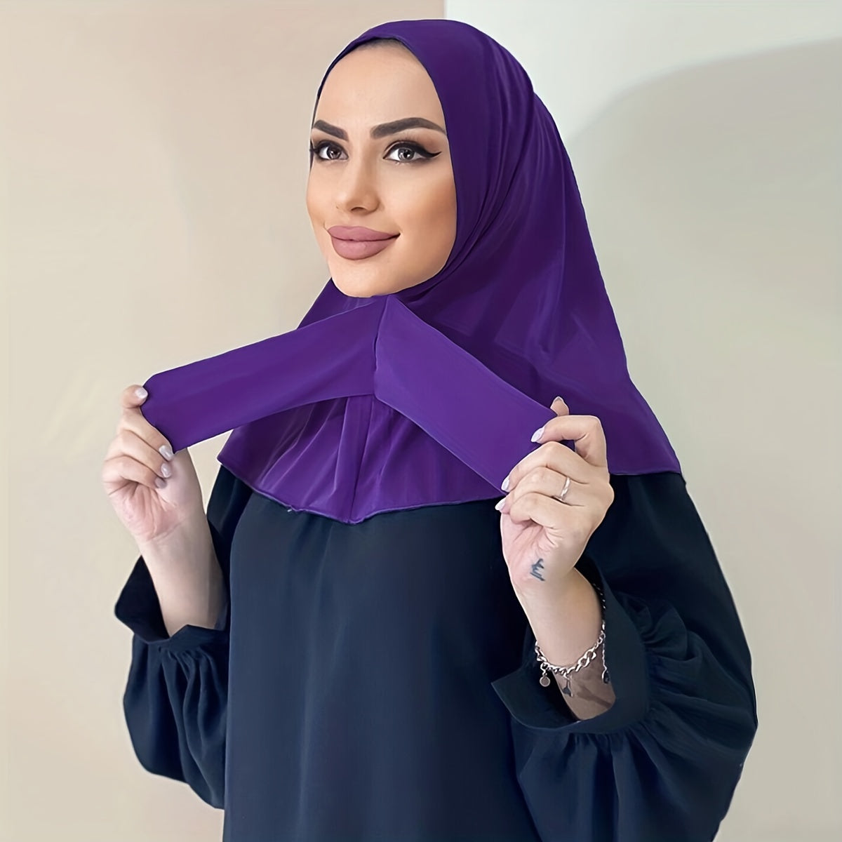 Solid Color Hijab Snap Button Adjustable Headscarf Casual Elastic '/MH
