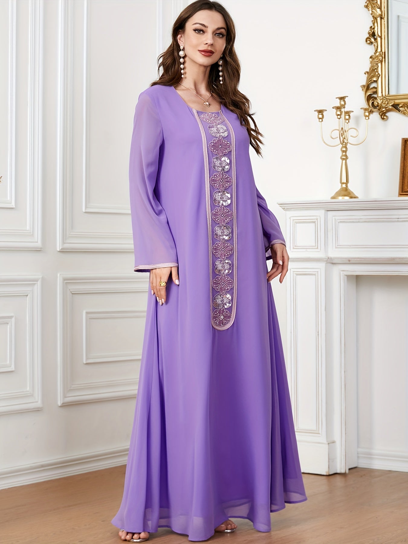 Embroidered Crew Neck Kaftan Dress, Elegant Long Sleeve women fashion '/MH