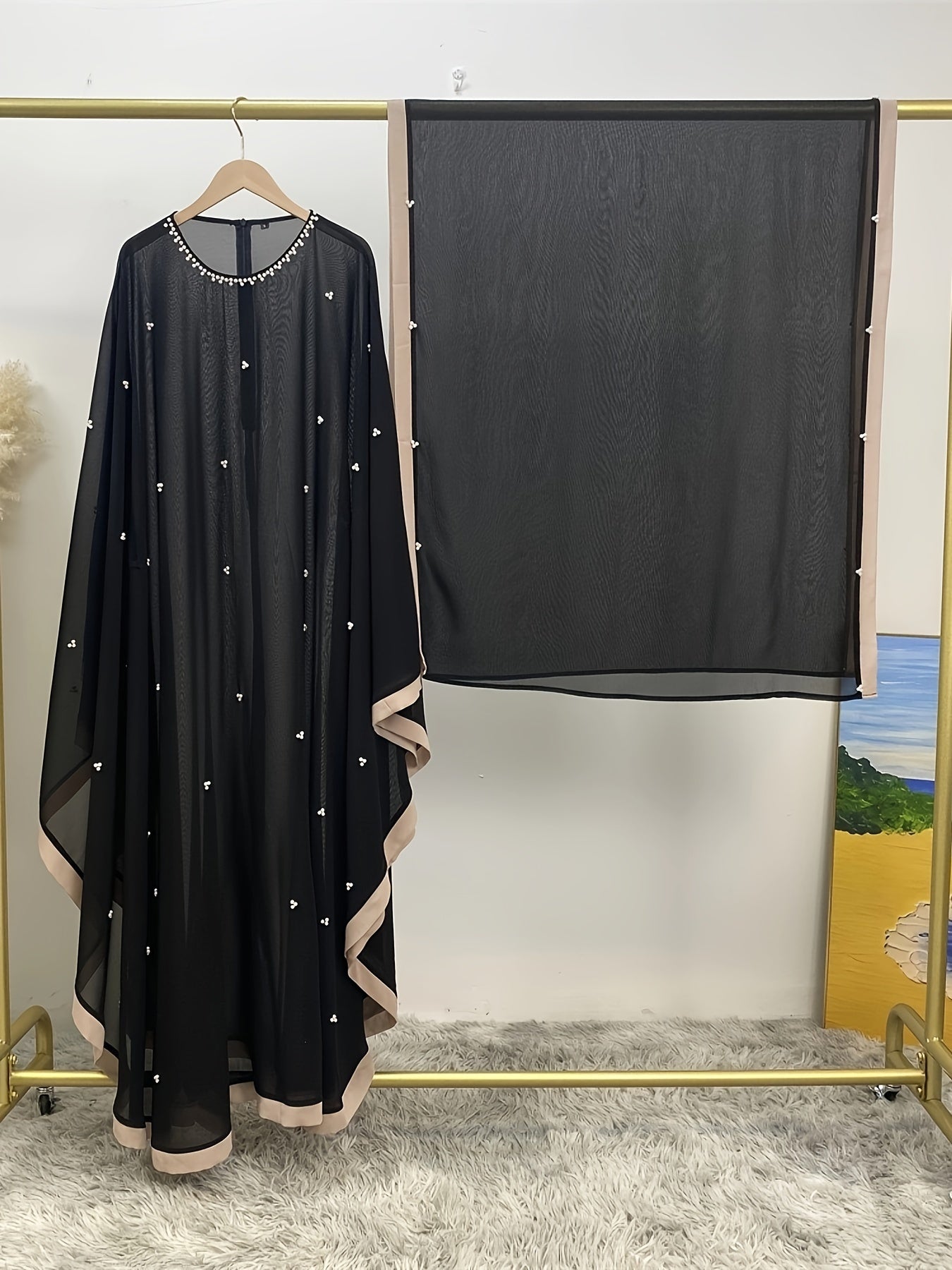 Beaded Contrast Trim Modest Dress, Elegant Batwing Sleeve Loose Maxi '/MH