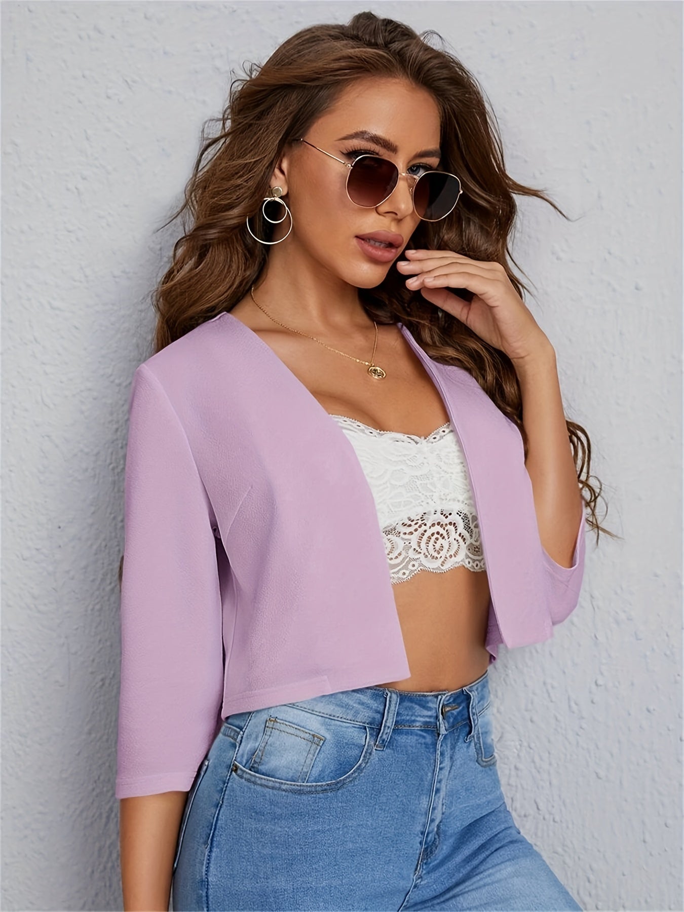 Simple Cropped Blazer, Casual Open Front Work Office .