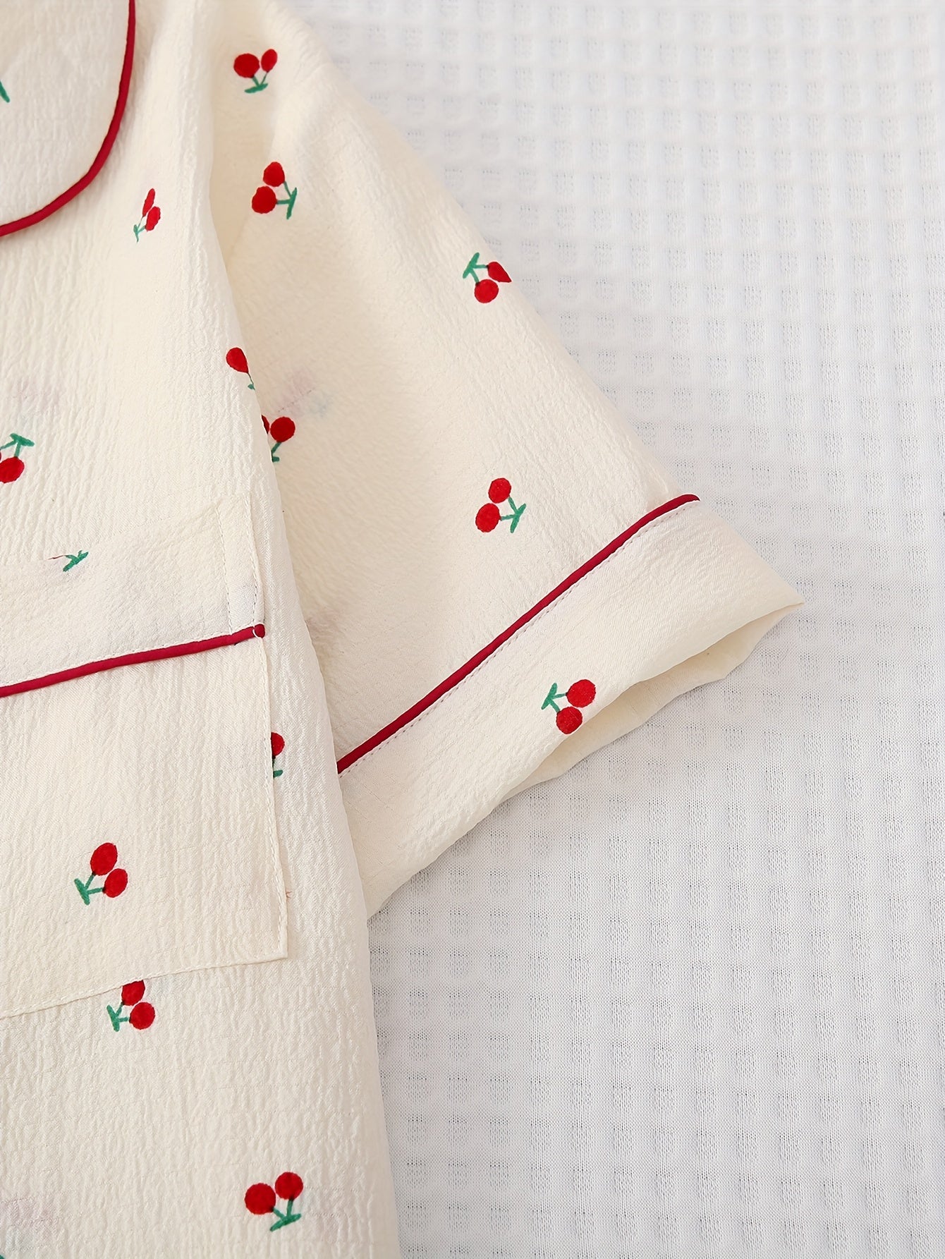 Cherry Print Pajama Set, Sweet & Cute Lapel Buttons Top And Bow Shorts, Women's Sleepwear & Loungewear