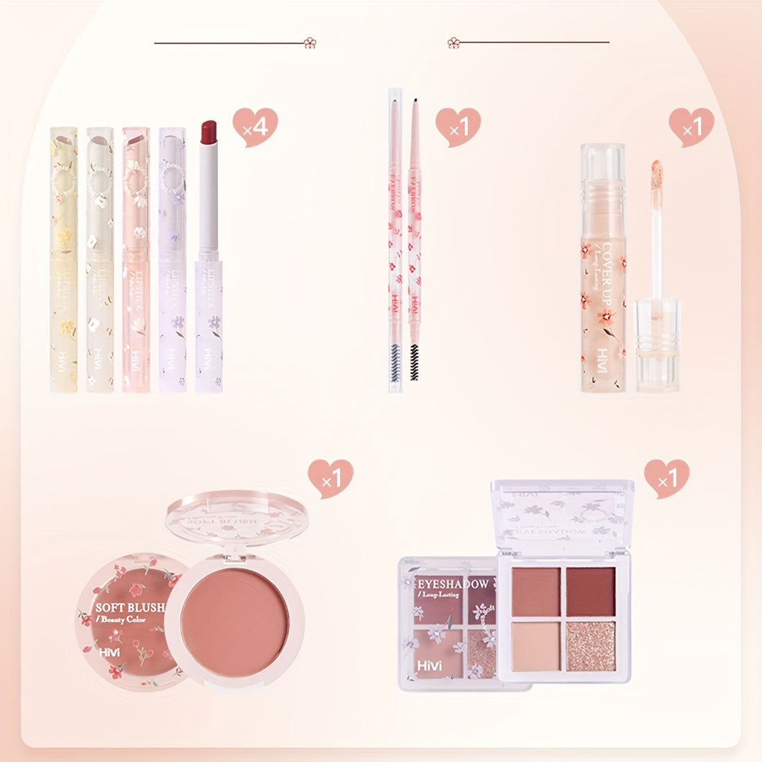 8pcs Flower Language Makeup Gift Box, Velvet Lip Gloss Lipstick Blush Powder Eyeliner Pen Eyeshadow Palette Cosmetics Set, Ideal Gift For Mother's Day Makeup Set