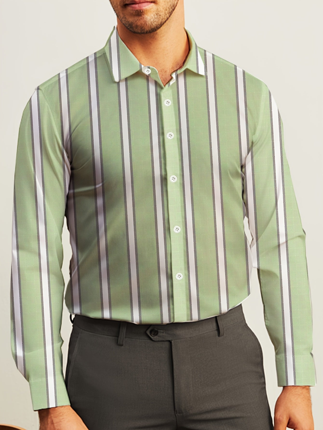 Men's Striped Lapel Collar Dress Shirts, Long Sleeve .