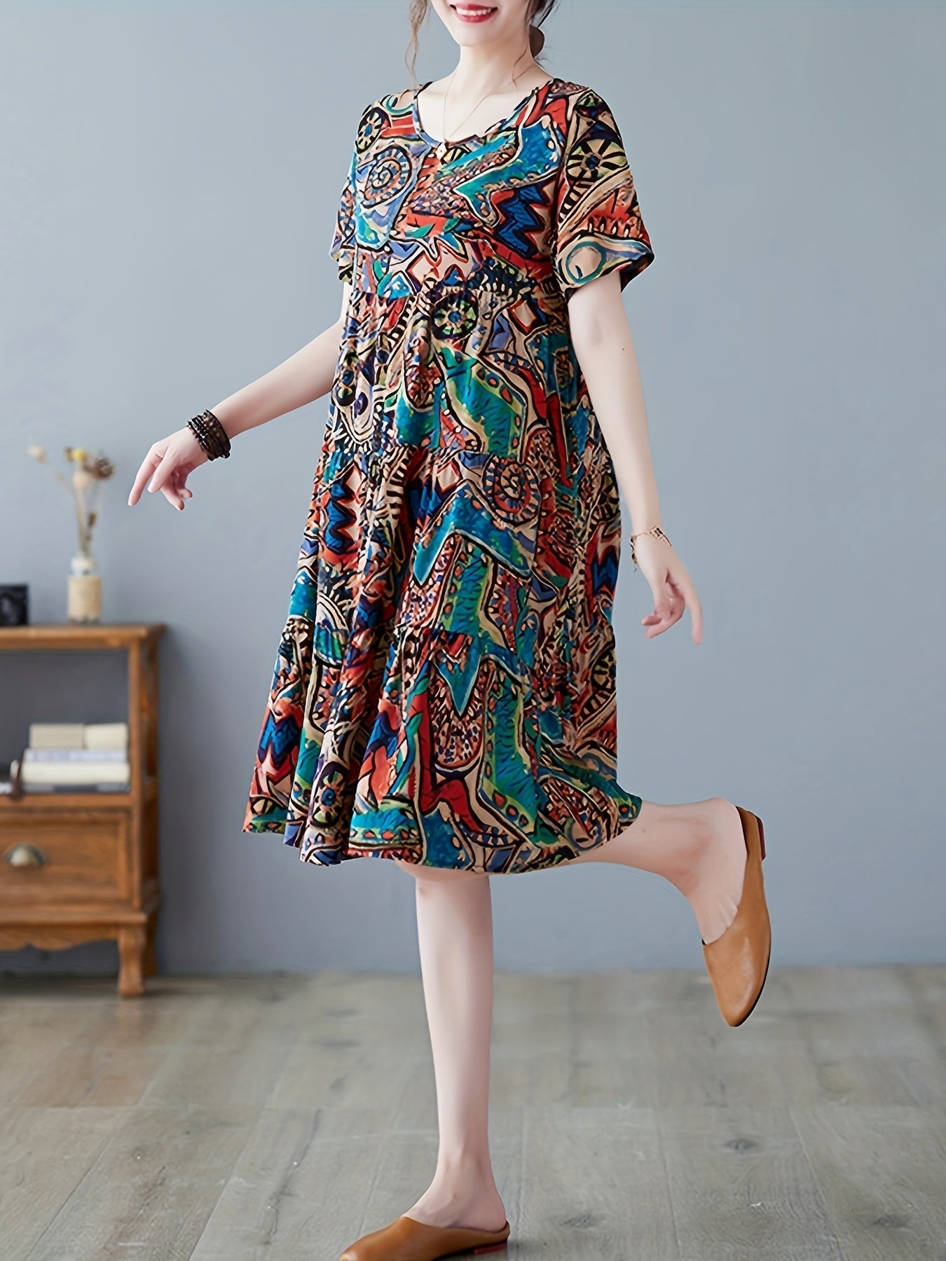 Paisley Print Crew Neck Dress, Casual Short Sleeve Loose Fit Dress./MH