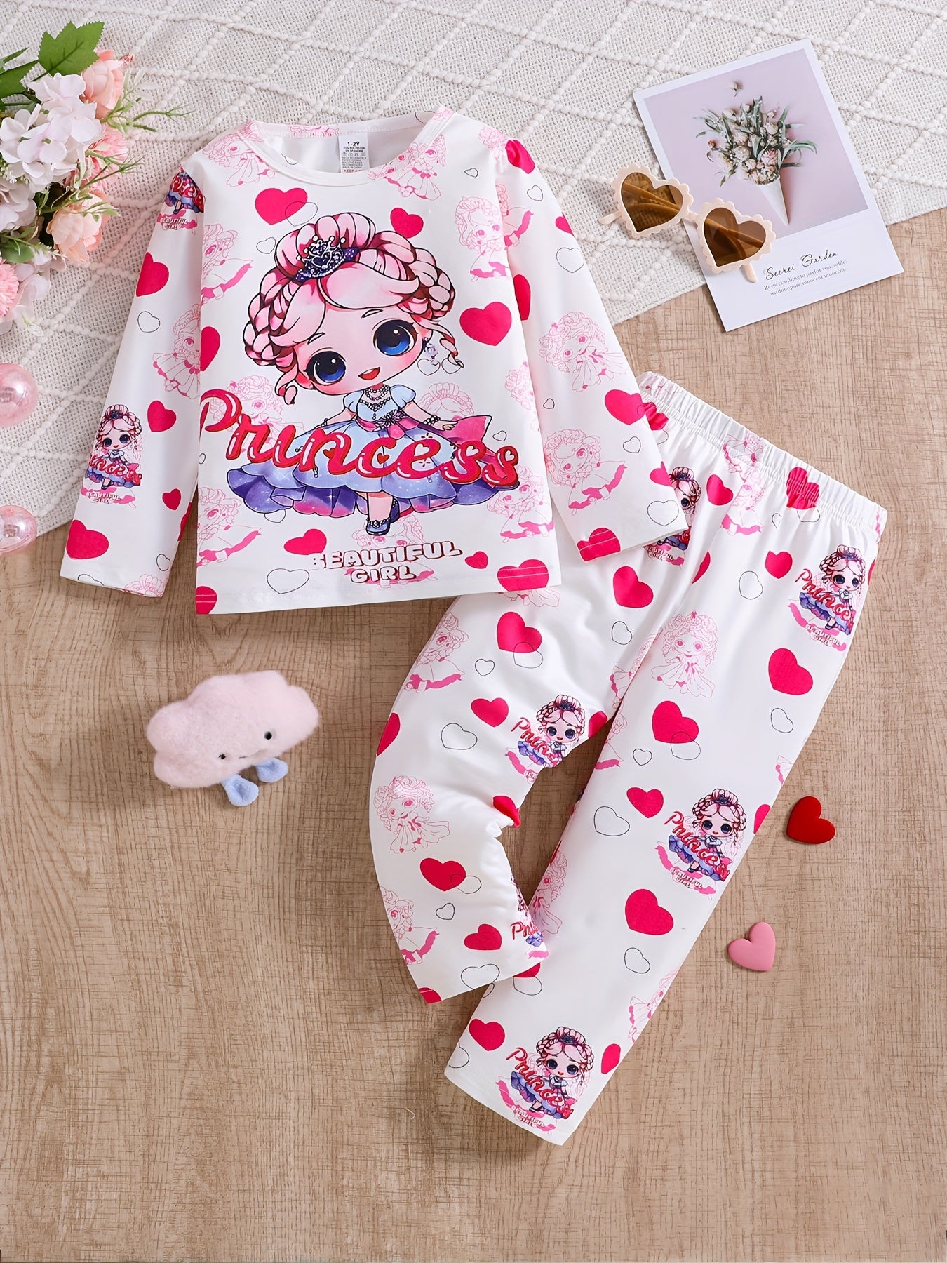 Girls' 2-Piece Pajama Set, Fashionable Princess Heart Print, Long Sleeves .