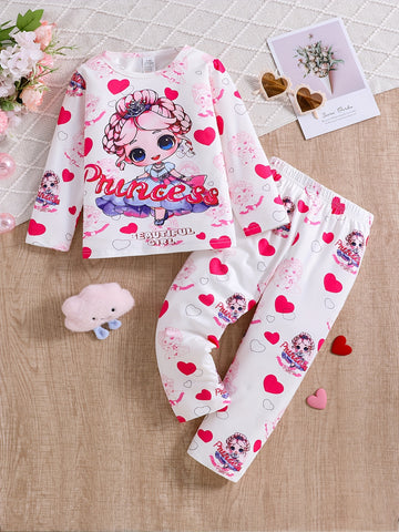 Girls' 2-Piece Pajama Set, Fashionable Princess Heart Print, Long Sleeves .