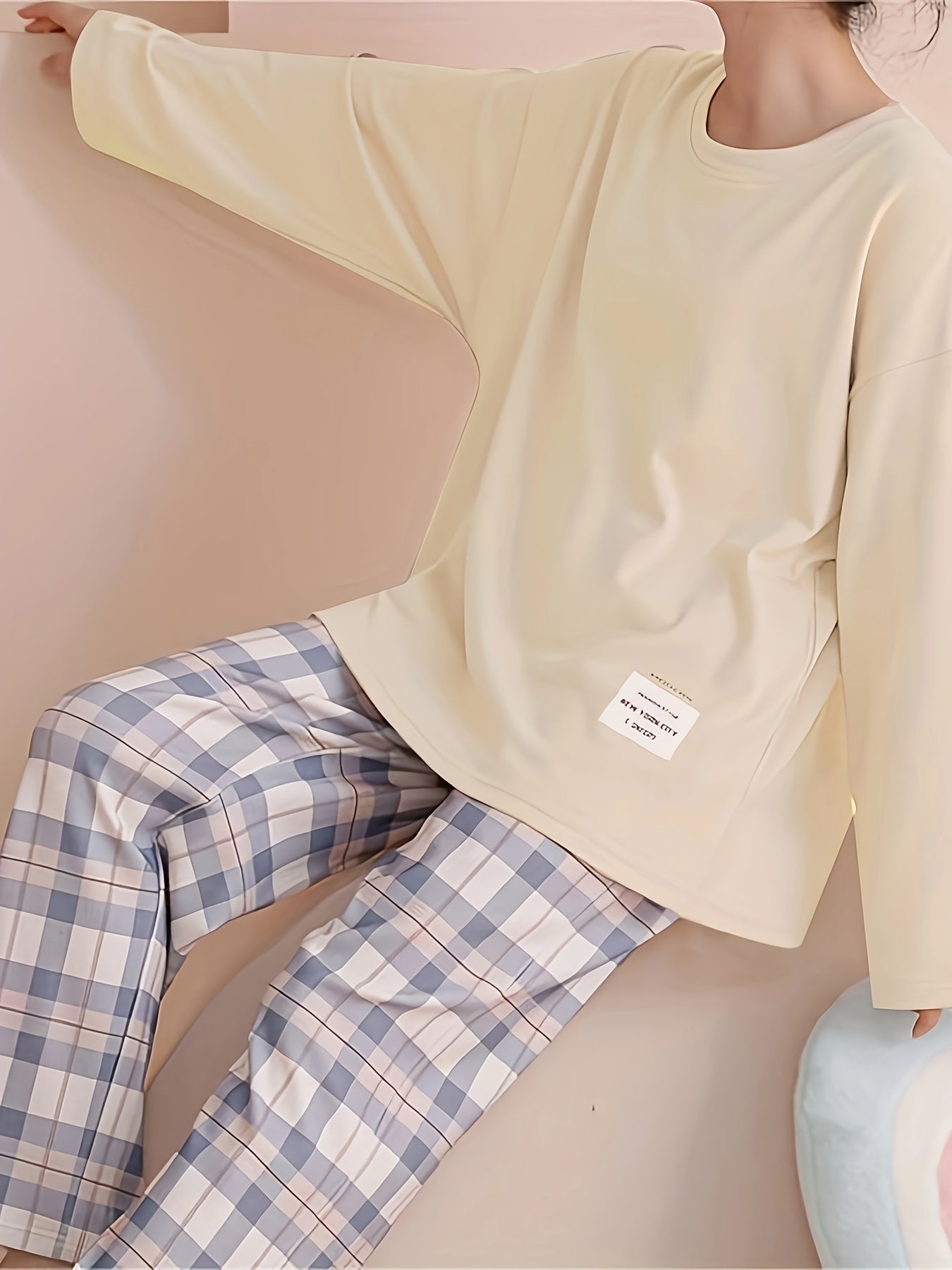 Plaid Print Crew Neck Pajamas Set,