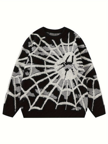 Spider Cobweb Pattern Knitted Sweater, Men's Casual Warm.