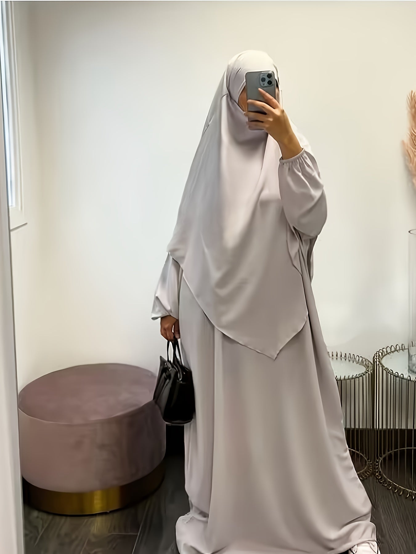 Solid Color Simple Modest Dress, Elegant Long Sleeve Maxi Dress With Hijab, /MH
