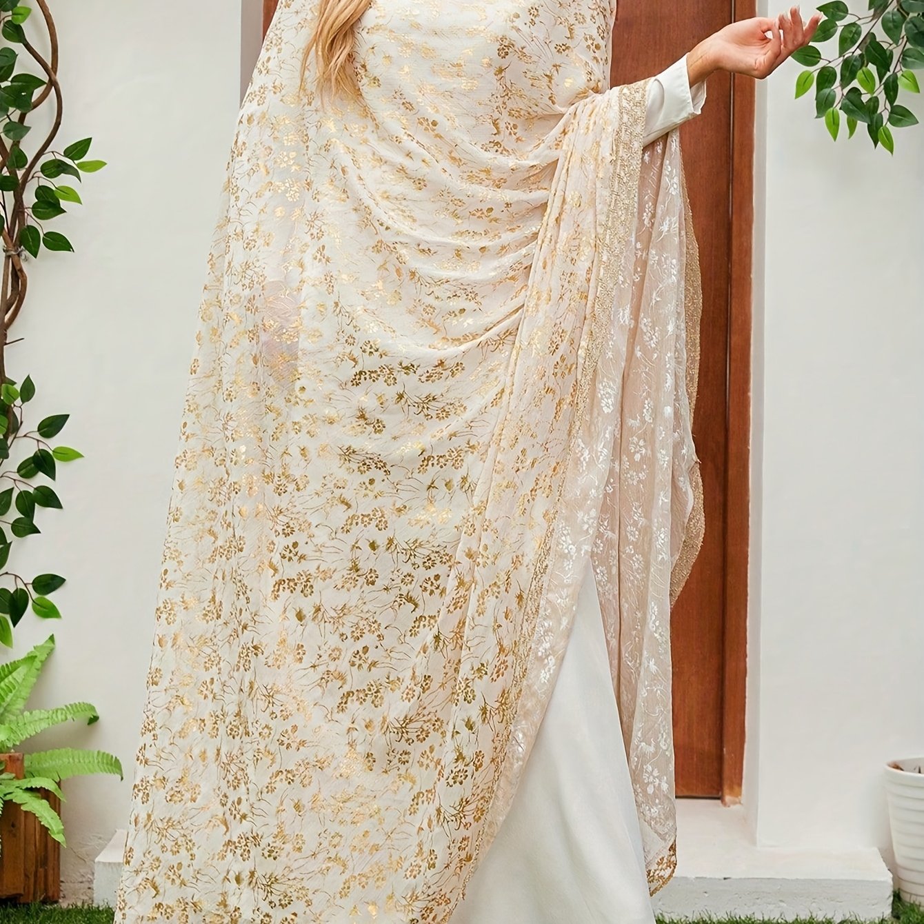 Women'S Floral Pattern Two-Piece Set with Shawl, Elegant Long Sleeve Abaya Dress .MH