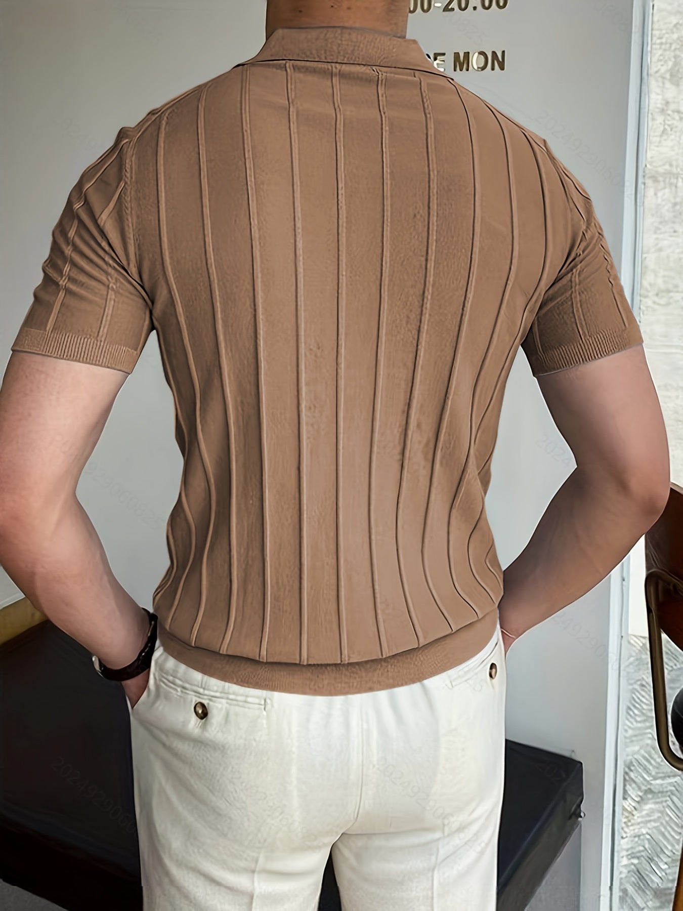 Vertical Striped Chic Shirt, Men's Casual Solid Color High Stretch .