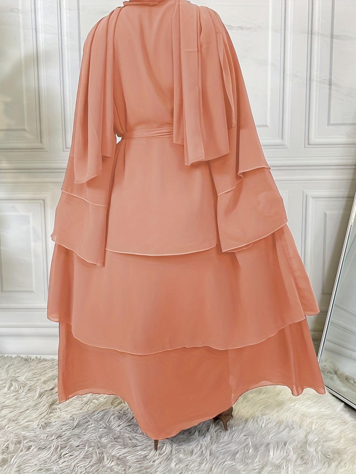 Layered Open Front Modest Dress, Long Sleeve Muslim Dress'/MH