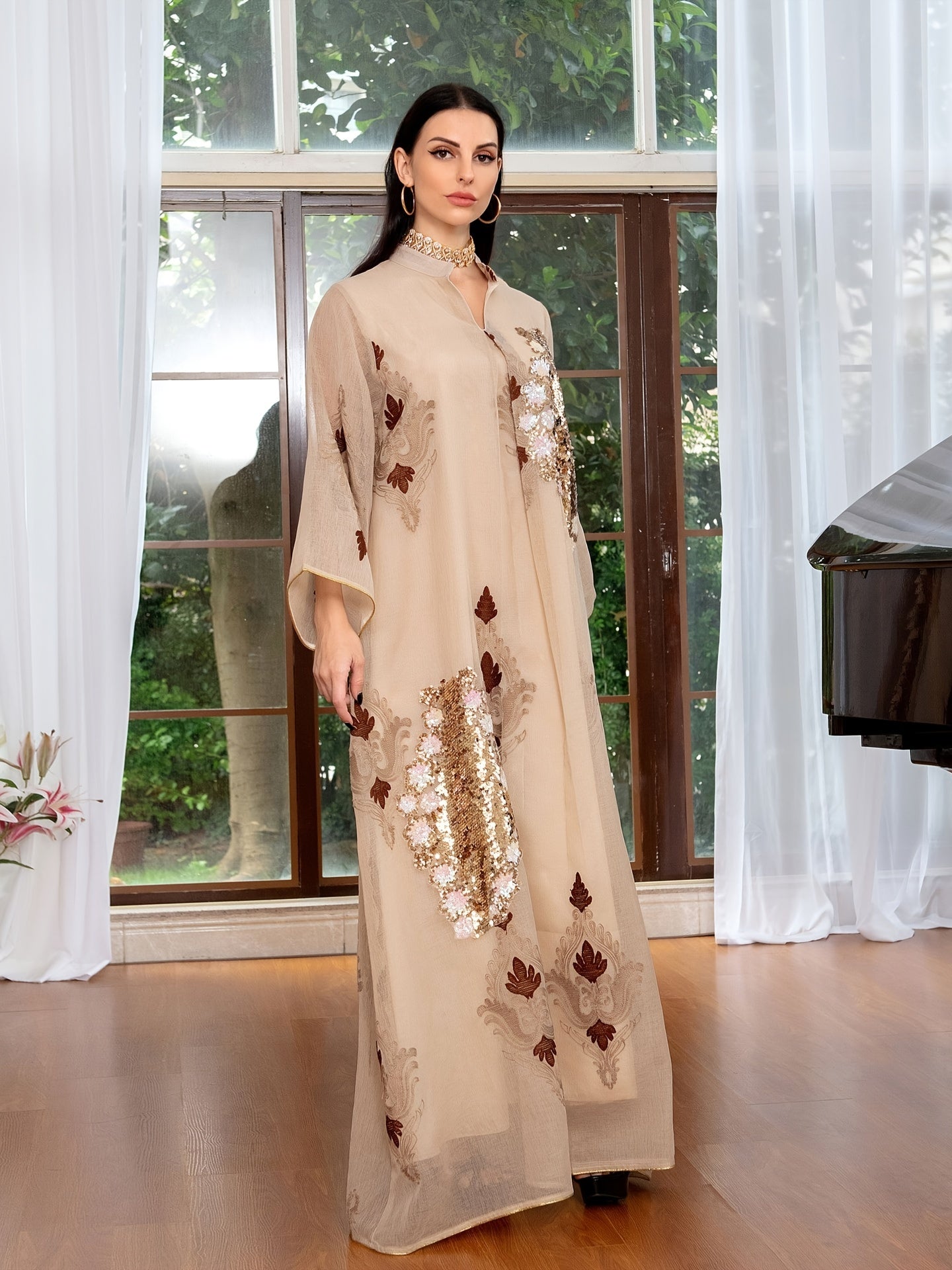 Ramadan Contrast Sequin Maxi Kaftan Dress, /MH