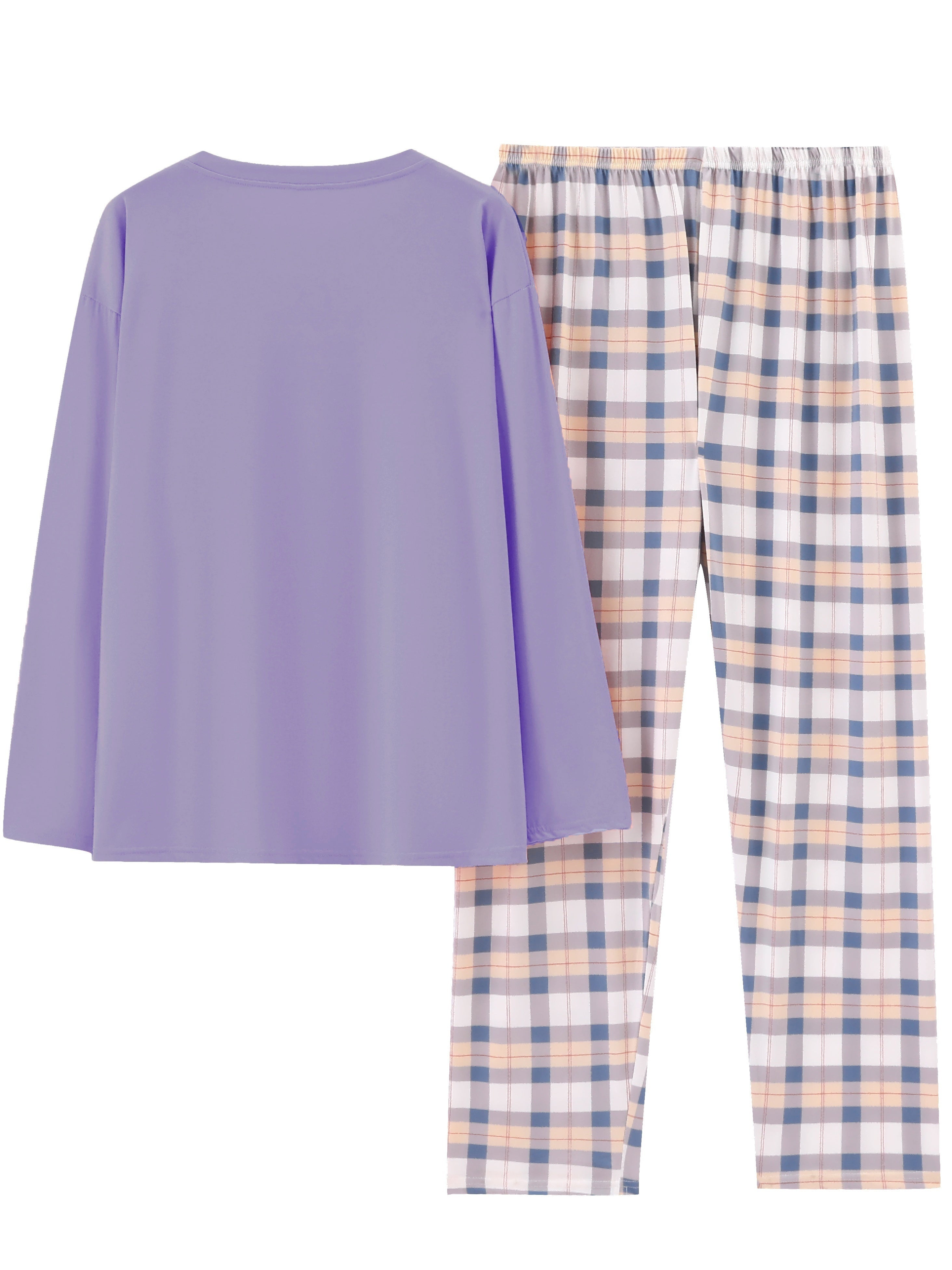 Plaid Print Crew Neck Pajamas Set,