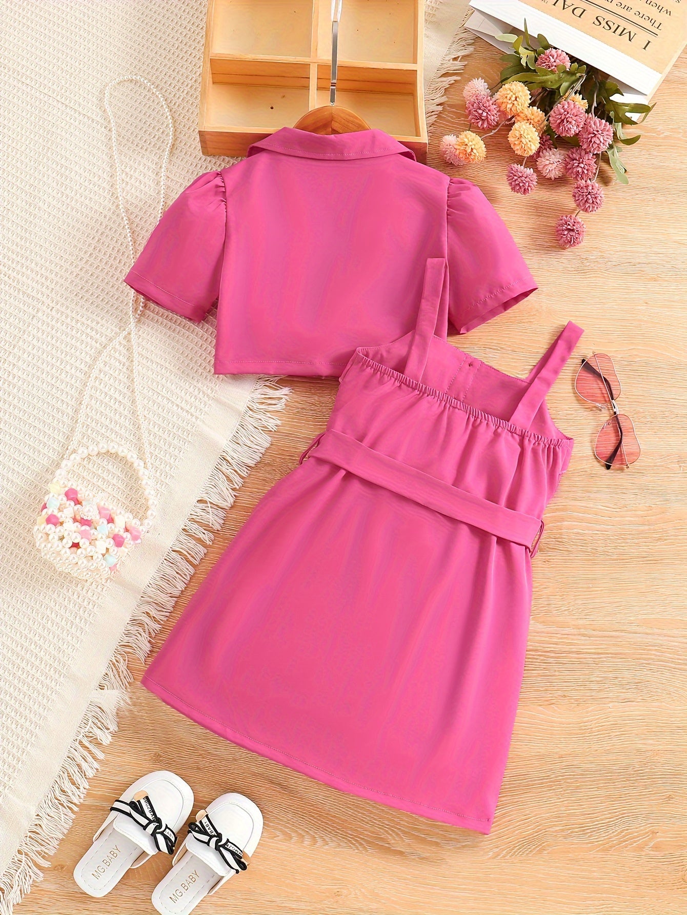 2pcs Girls Fashion Solid Non Stretch Puff Sleeve Double Button Blazer.