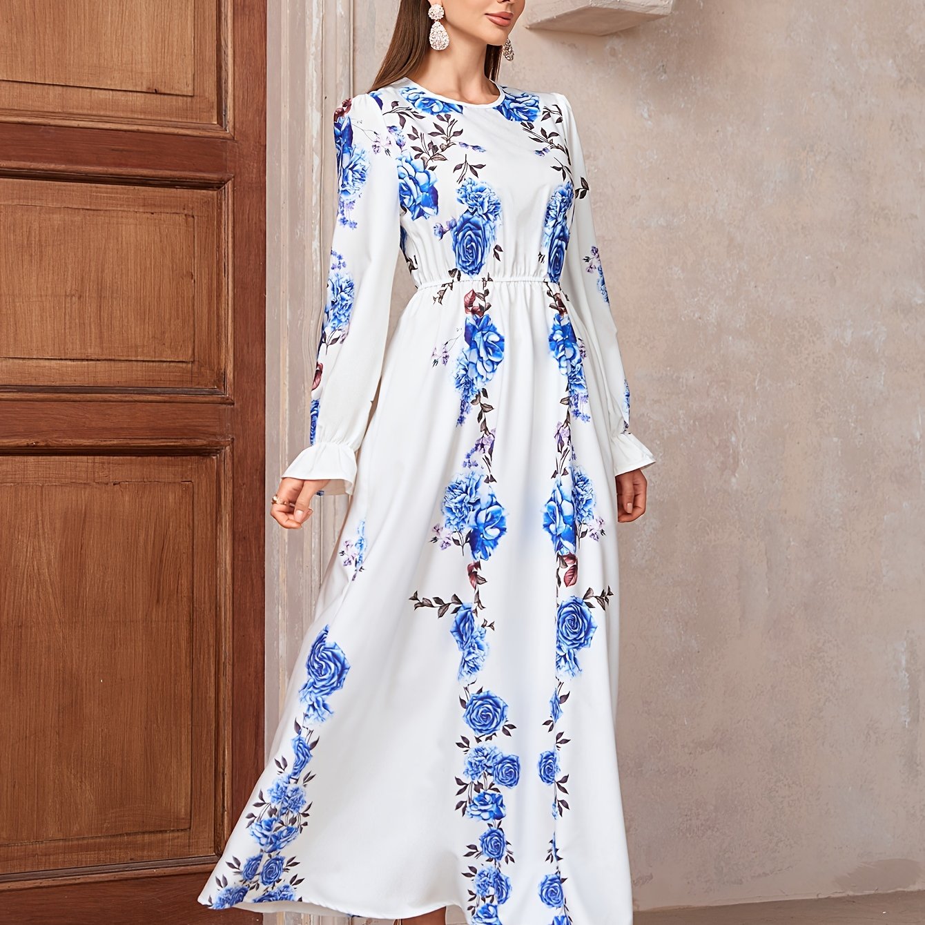 Floral Print Crew Neck Kaftan Dress, Elegant women fashion'/MH
