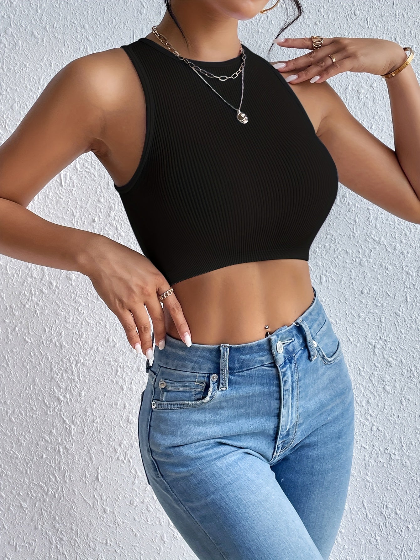 Solid Ribbed Crop Tank Top, Casual Sleeveless Basic Summer Top, Women's Clothing