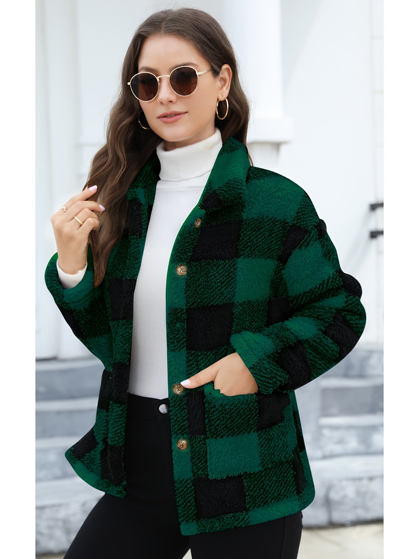 Long Sleeve Plaid Print Teddy Coat with Patched Pockets - Soft, Warm,