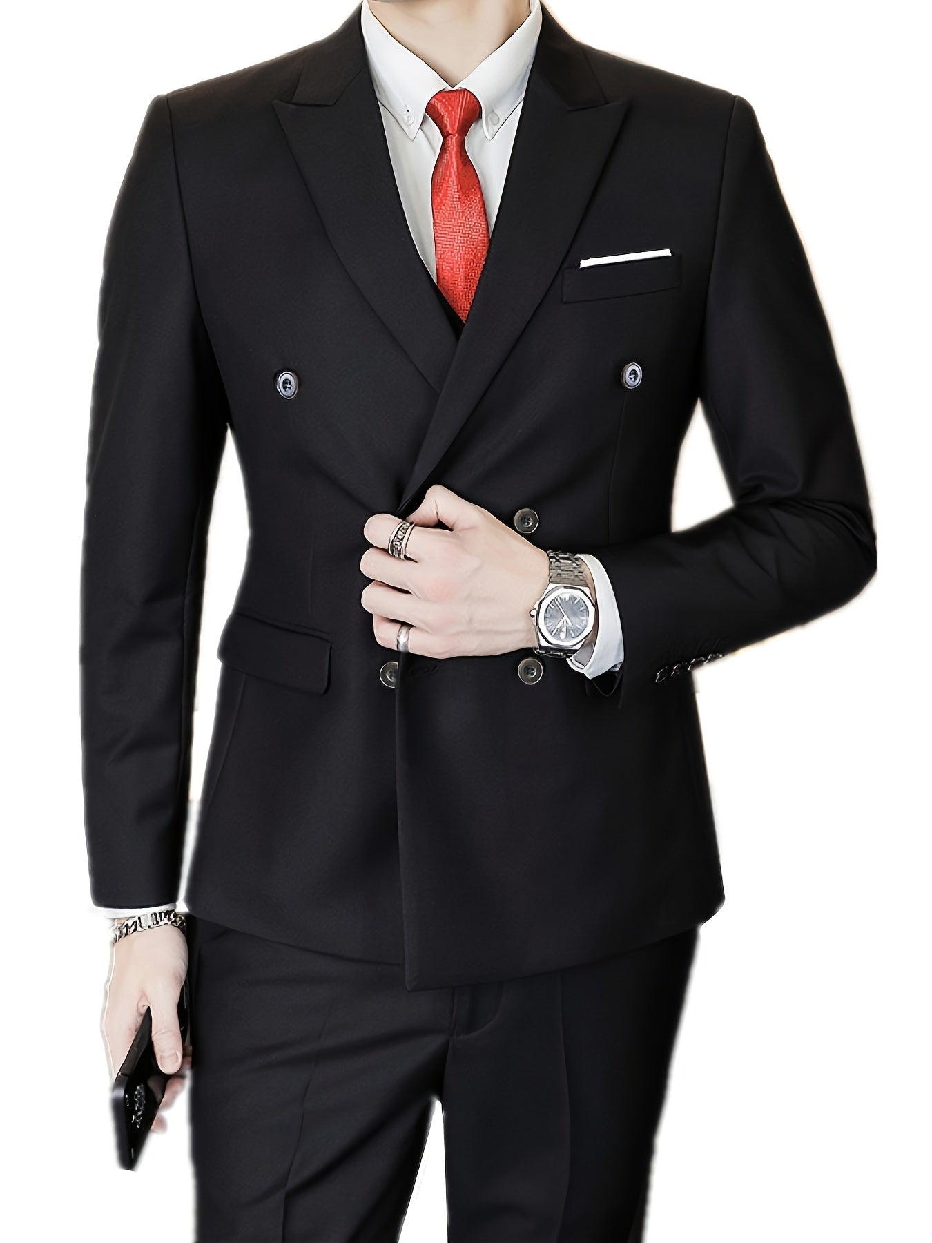 2pcs Men's Dress Suit Set, Peak Lapel Collar Double Breasted Blazer.