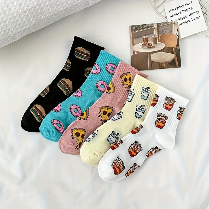 5 Pairs Cartoon Hamburger French a,  Socks, Women's Stockings & Hosiery./MH