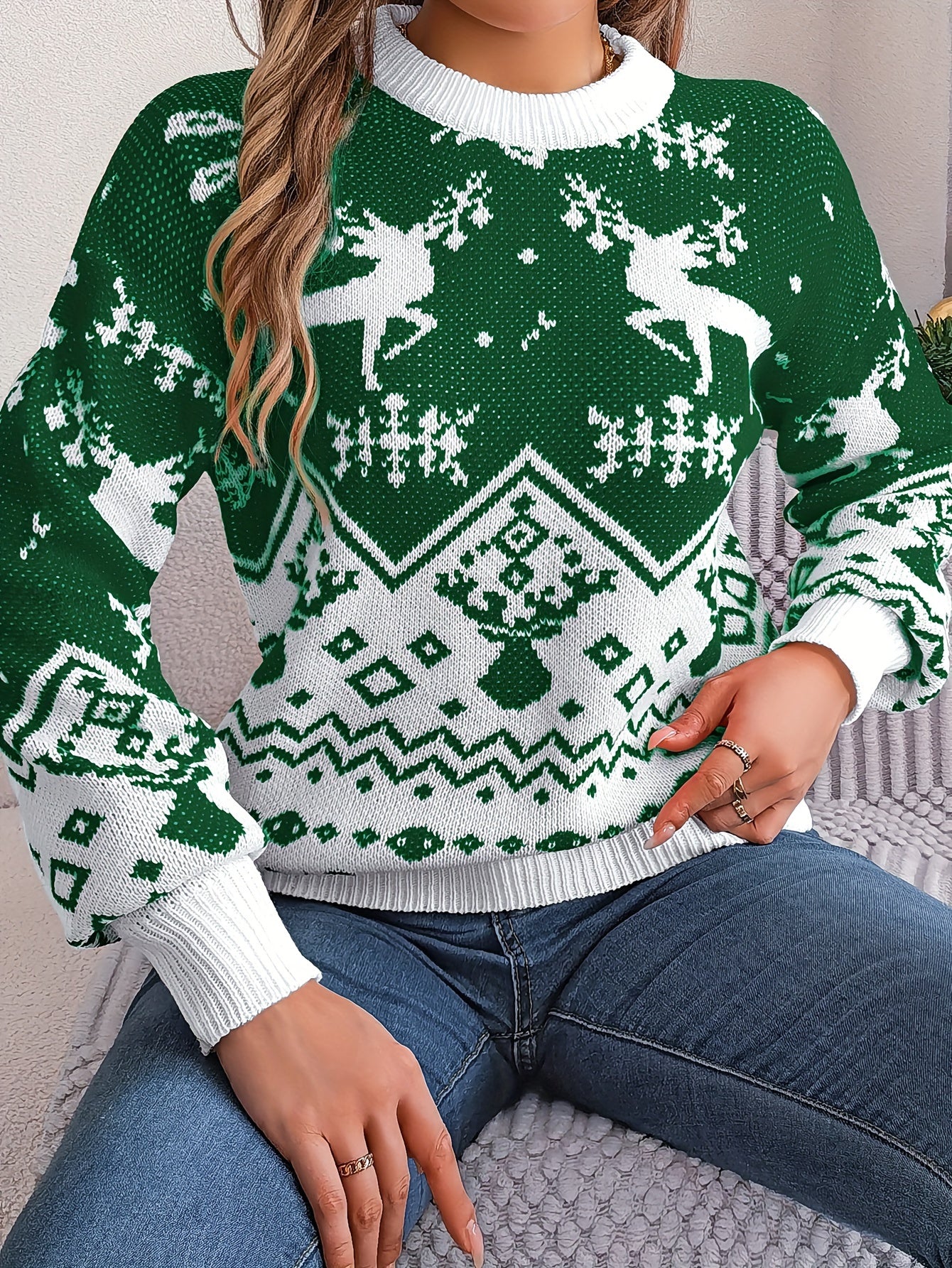 Snowflake Pattern Pullover Sweater, Casual Crew Neck Long Sleeve .