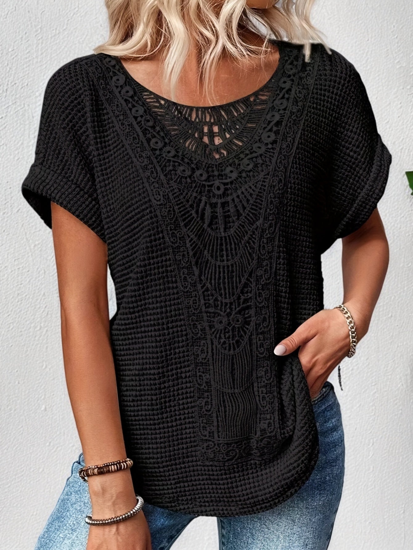 Lace Splicing Crew Neck T-shirt, Casual Short Sleeve Top For Spring & Summer, Women's Clothing