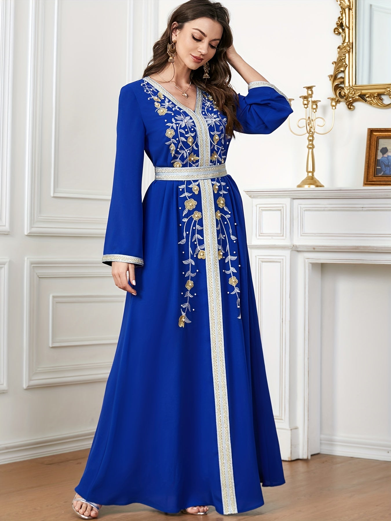 Ramadan Beaded Floral Pattern Kaftan, Elegant Long Sleeve 'MH