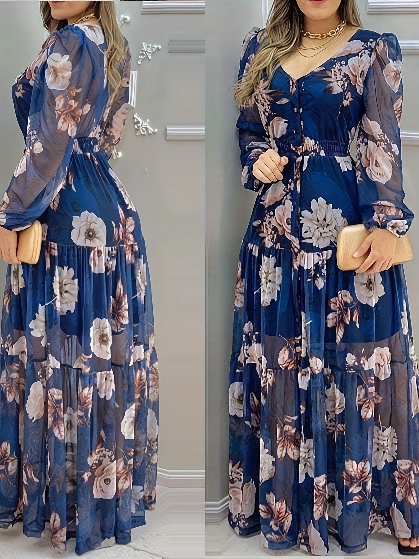 Elegant Floral Print 1pc V-Neck Maxi Dress - ./MH