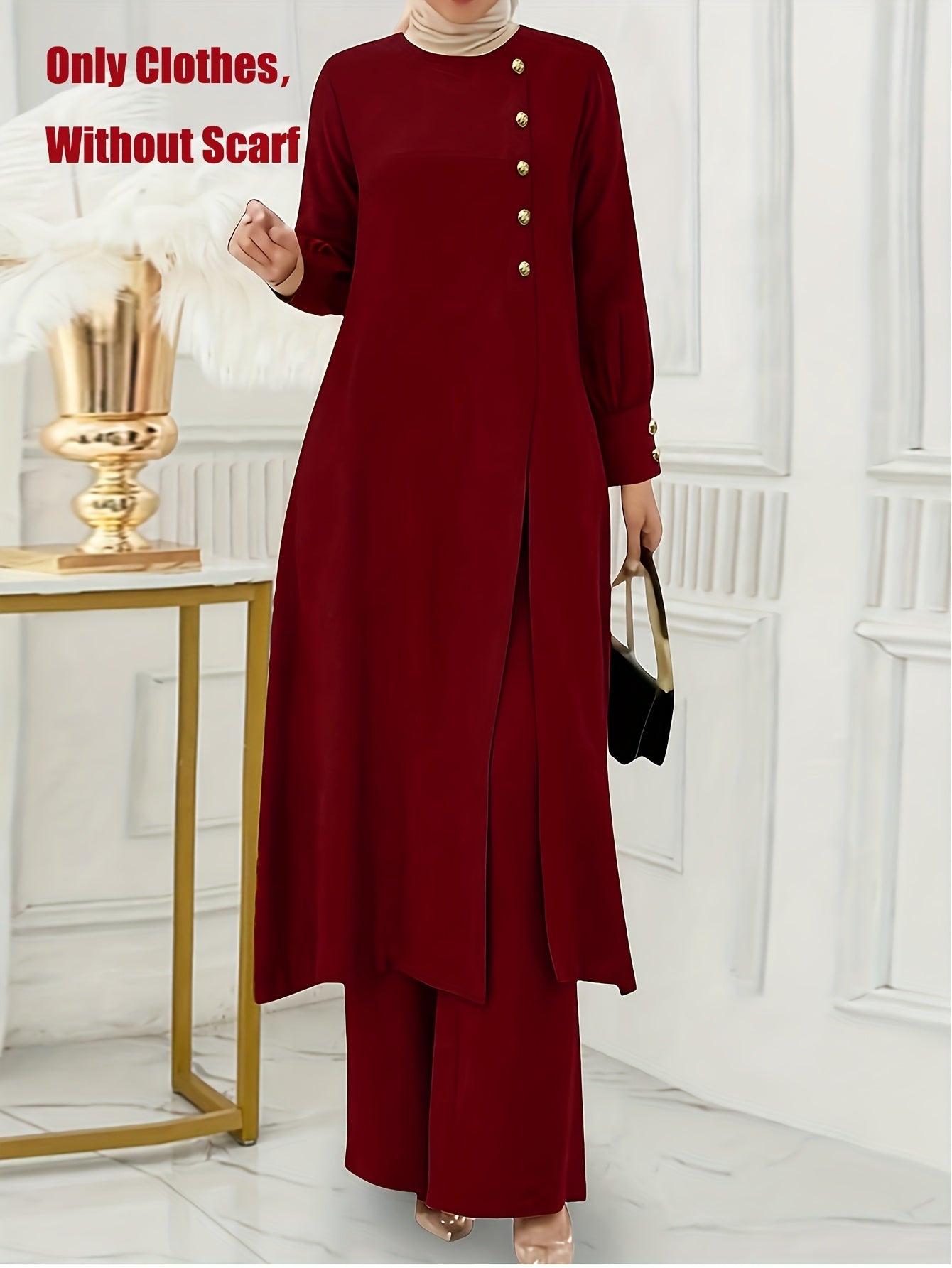 Solid Color Button Design Long Sleeve Top and Pants Set, Arabic Style,/MH